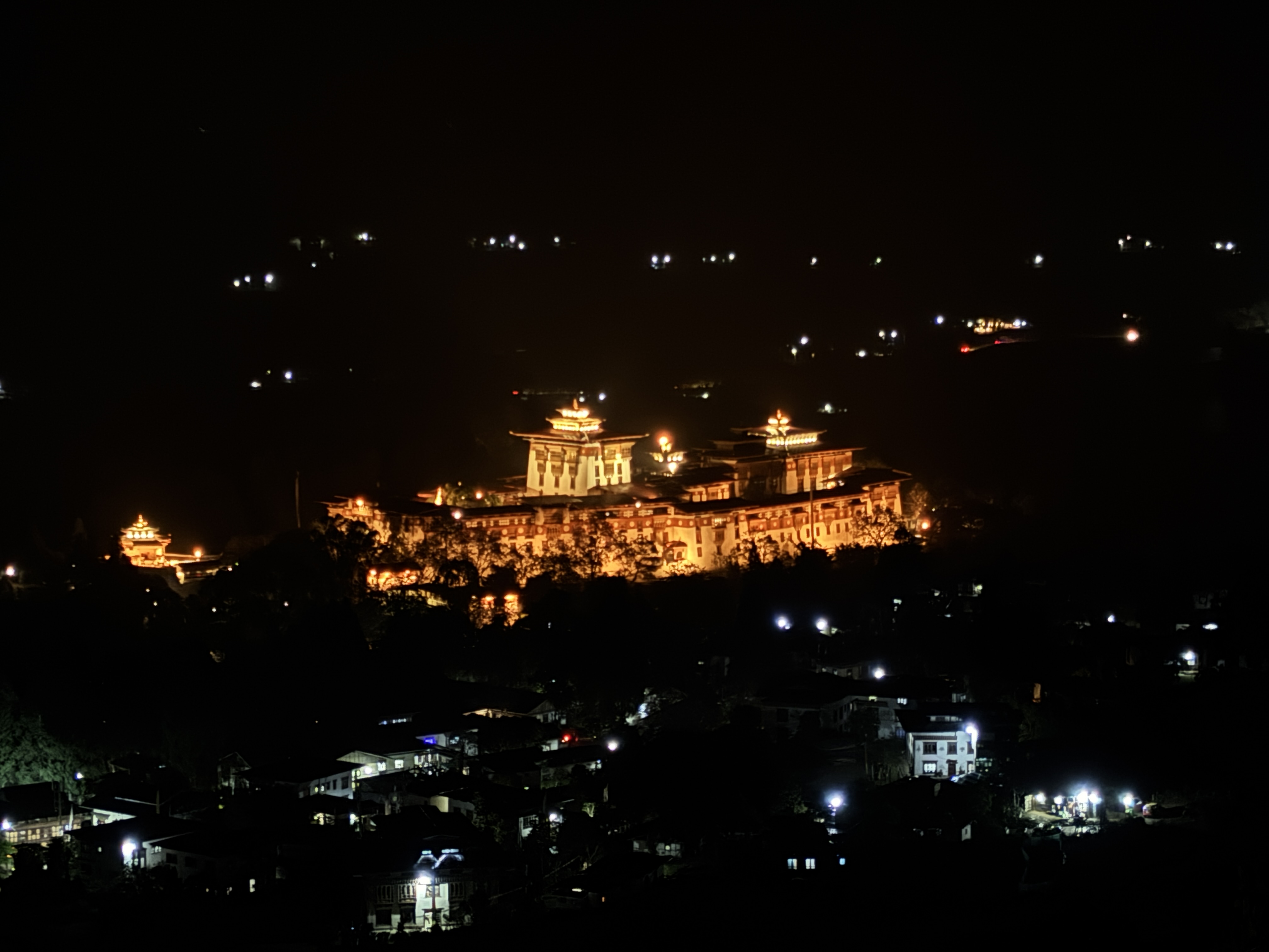 Beautiful view of Punakha Dzong in the night from our hotel