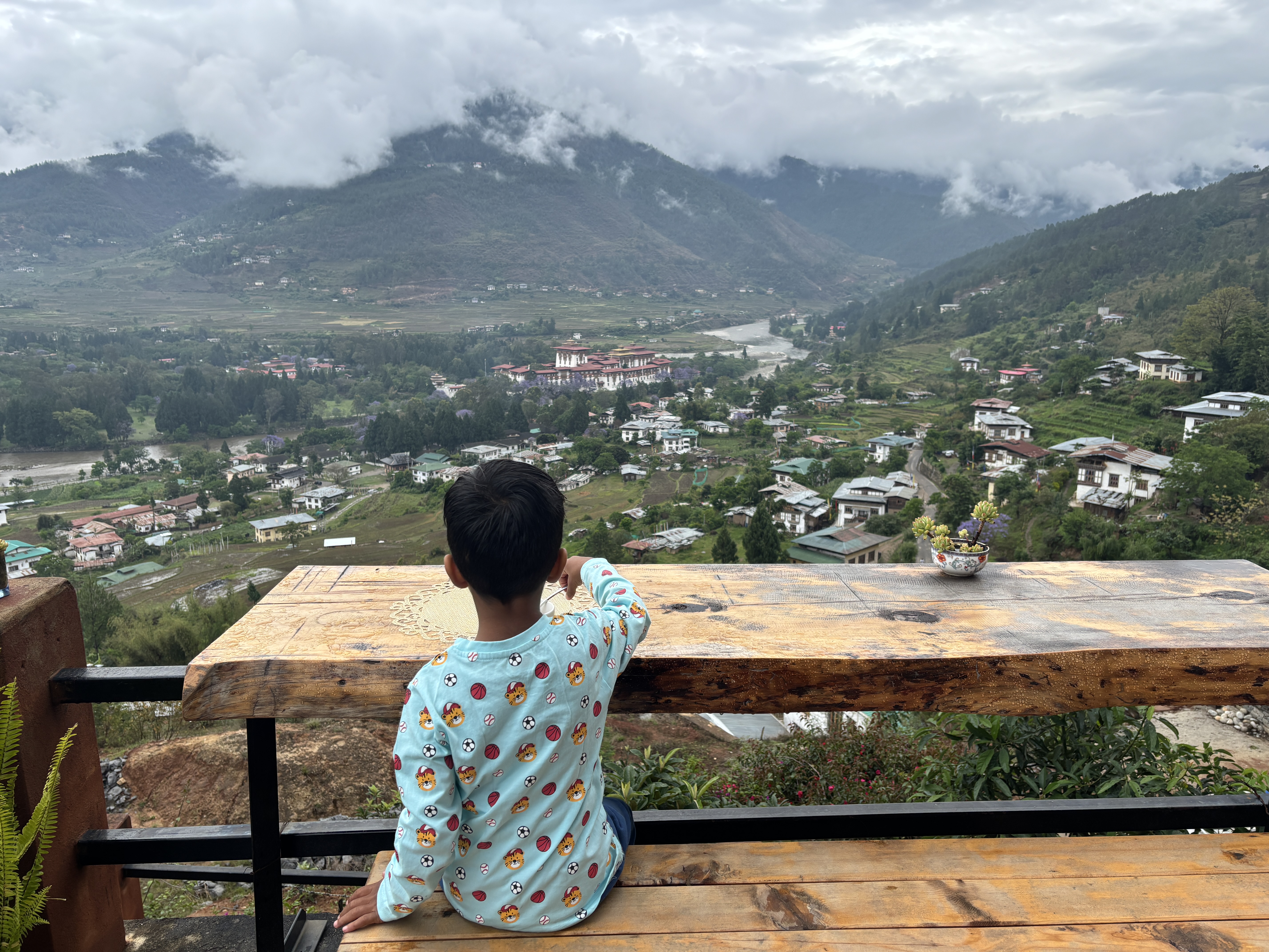 Breakfast with a sprawling view of valley and some unique birds