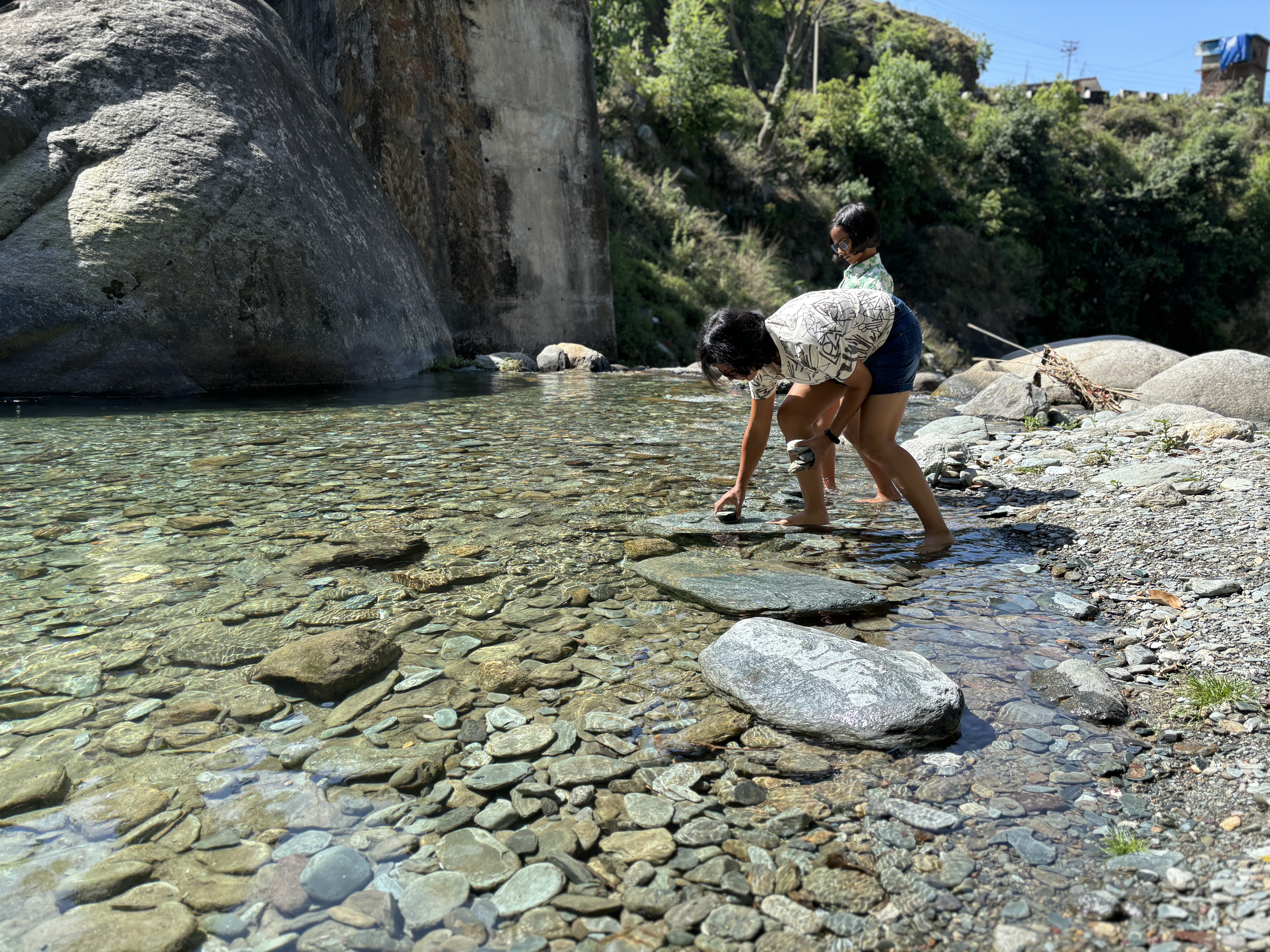 The stream in Rakkar and us making the best of it