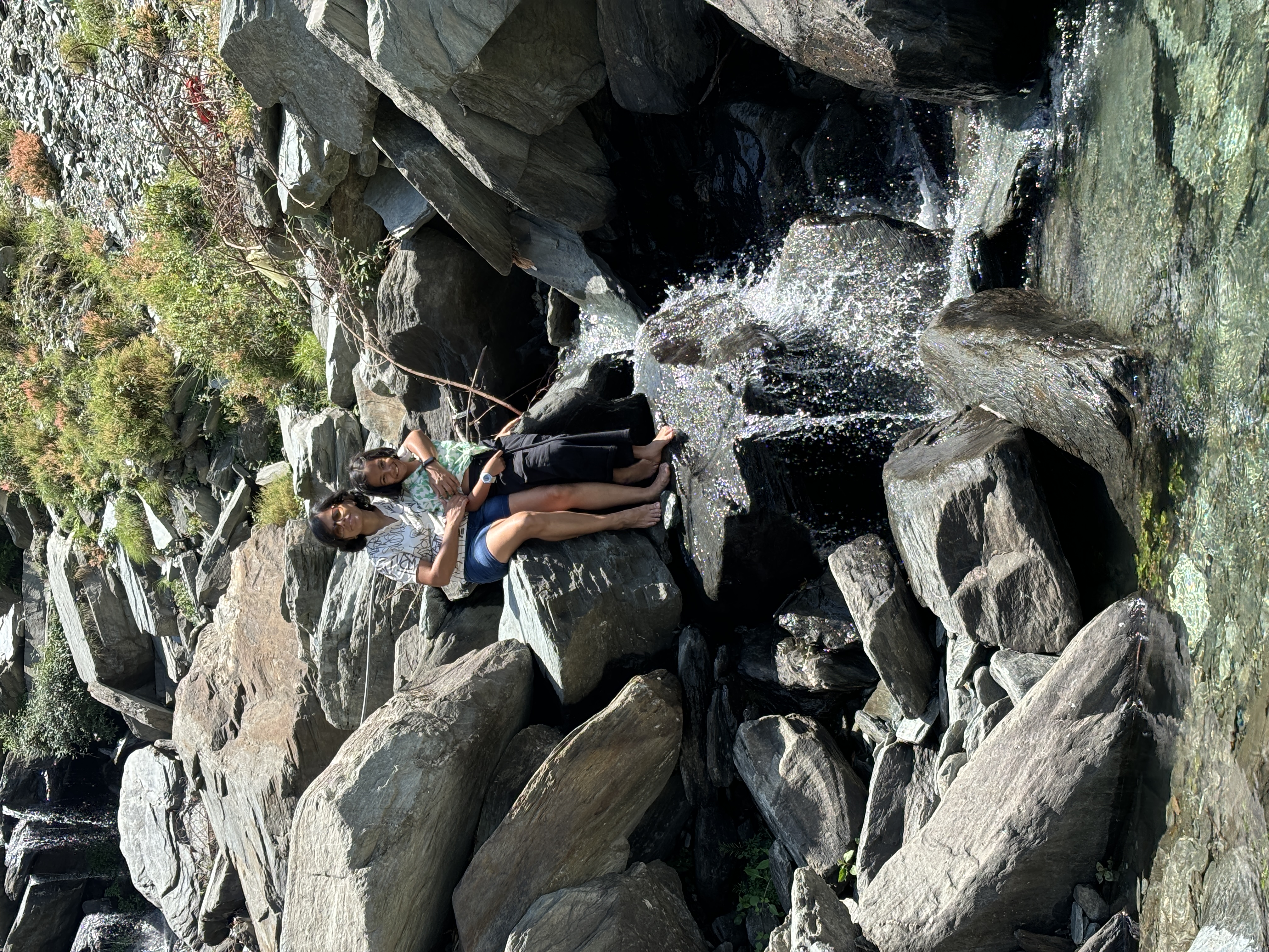Enjoying a peacful sitout at the smaller waterfall between the two