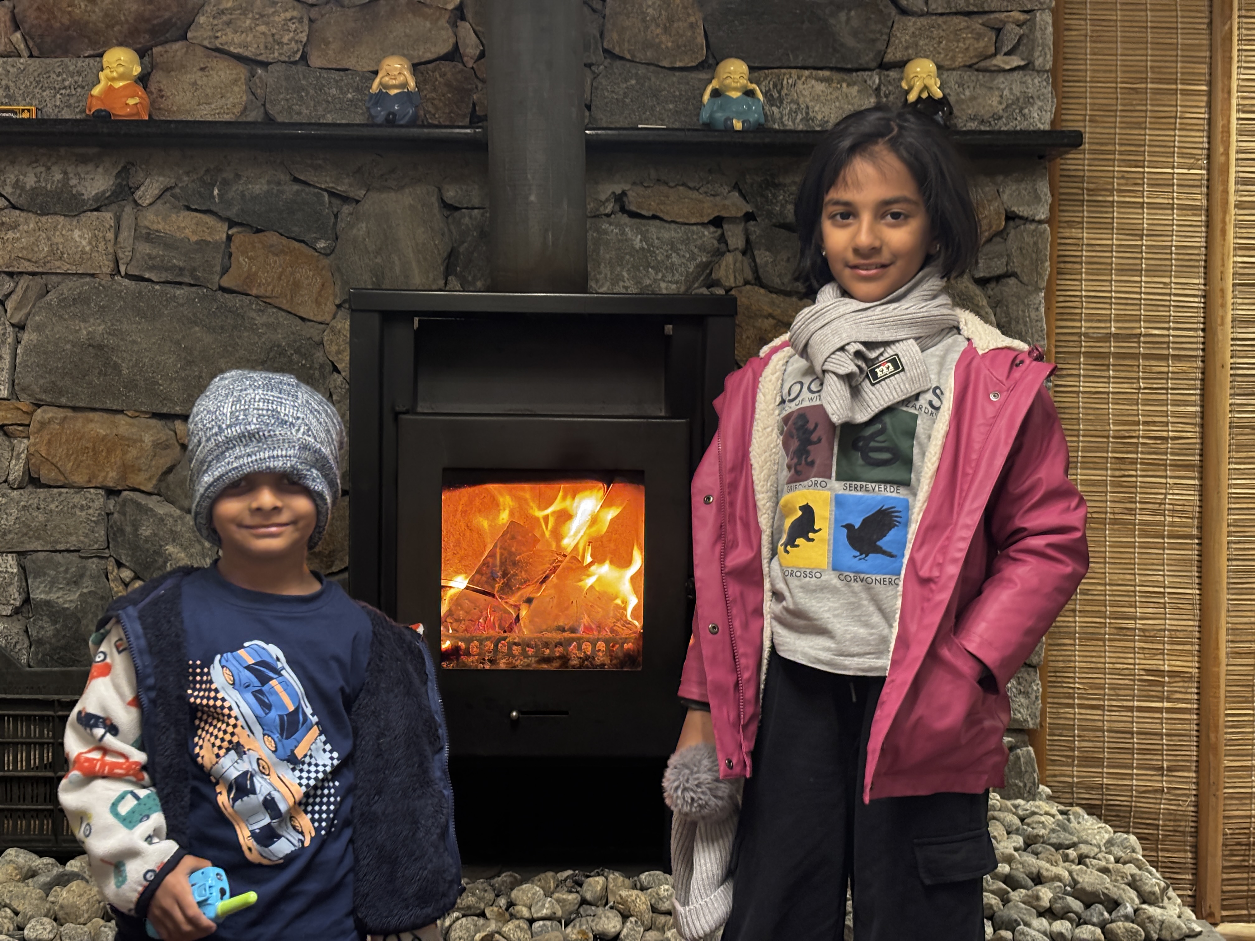 Warming up by the fireplace in the evening
