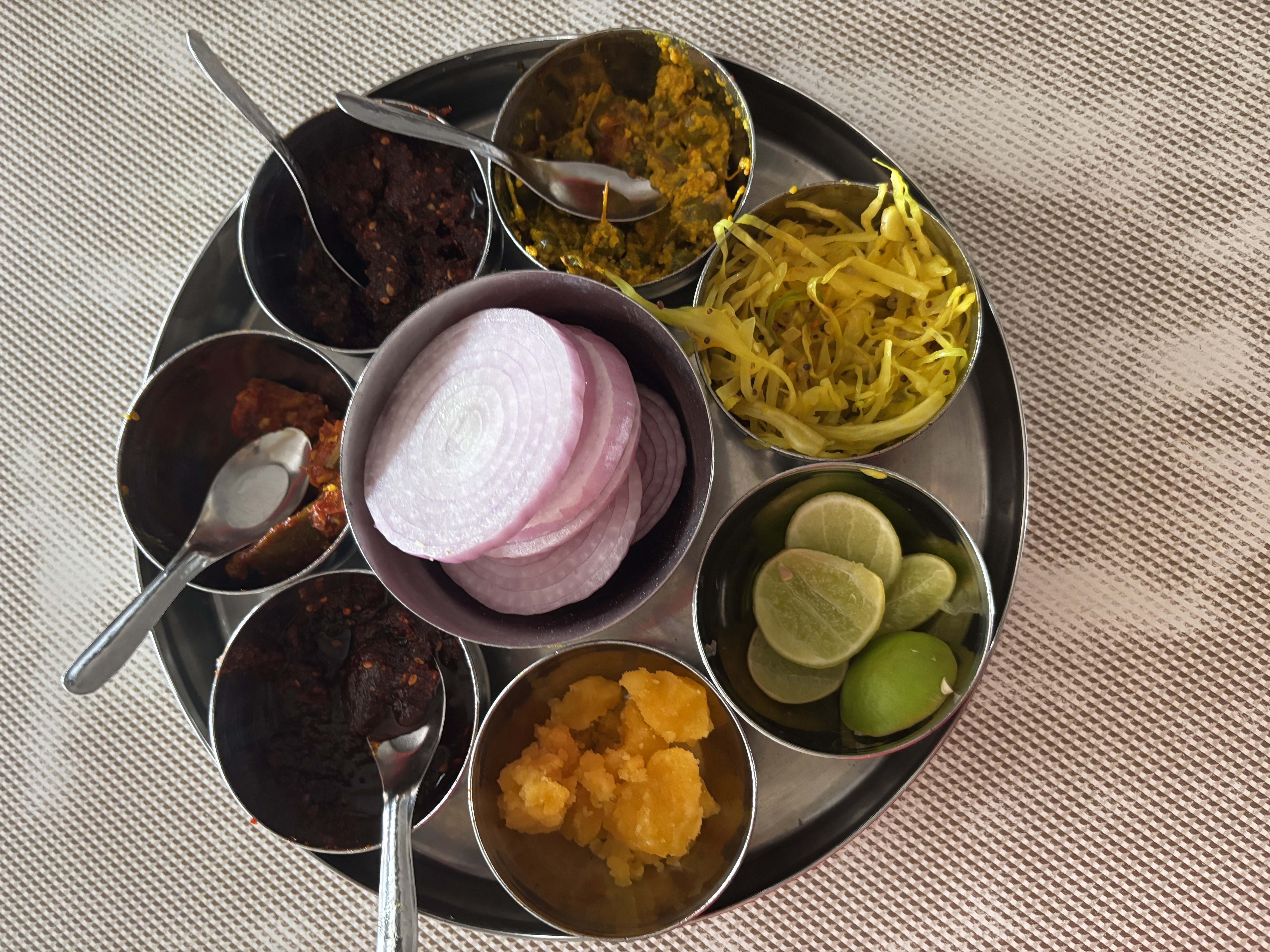The common pickle plate for the Gujrati thali at the Kathiyawad restaurant