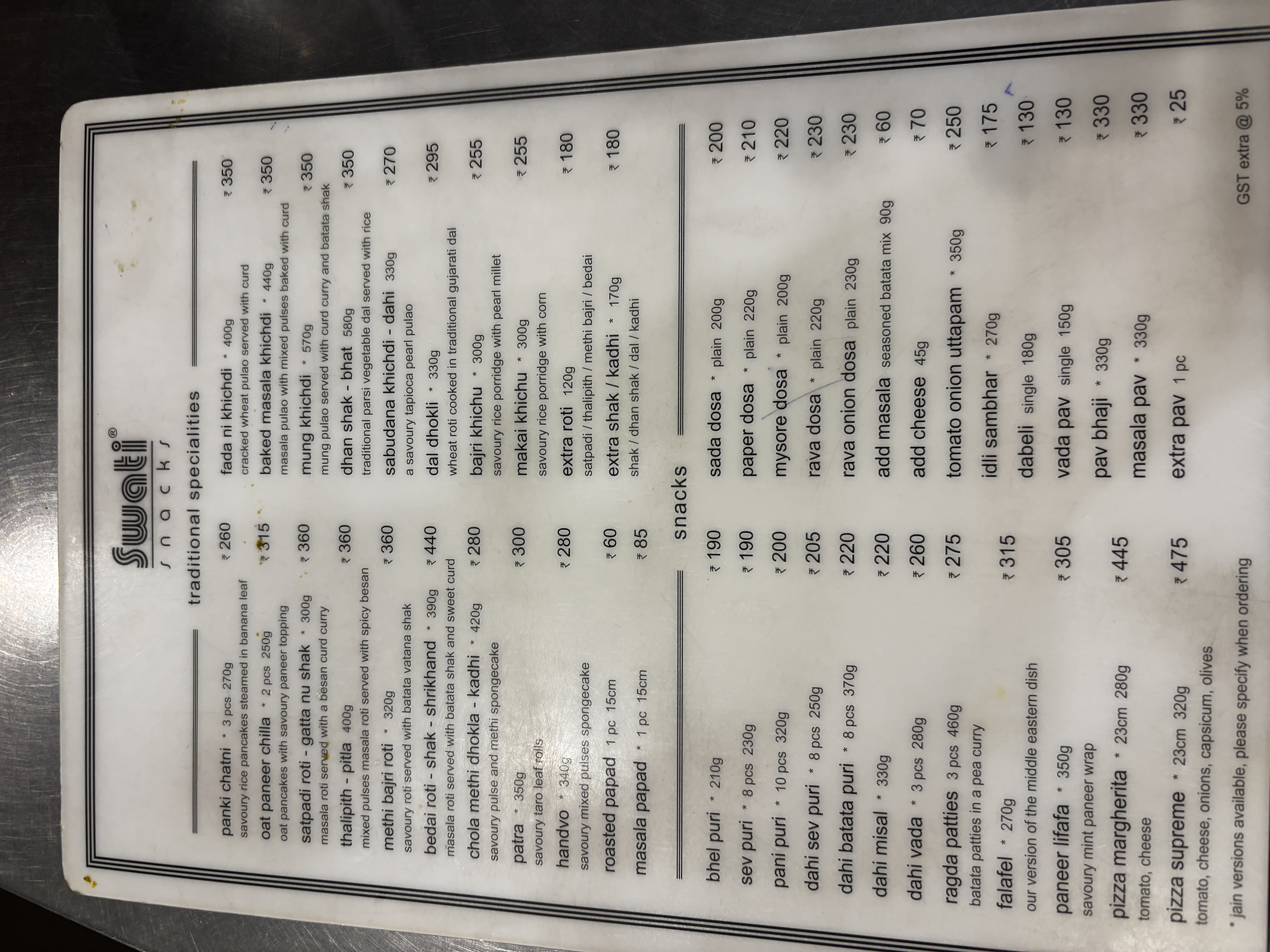 The tempting menu at Swati Snacks at Law Garden
