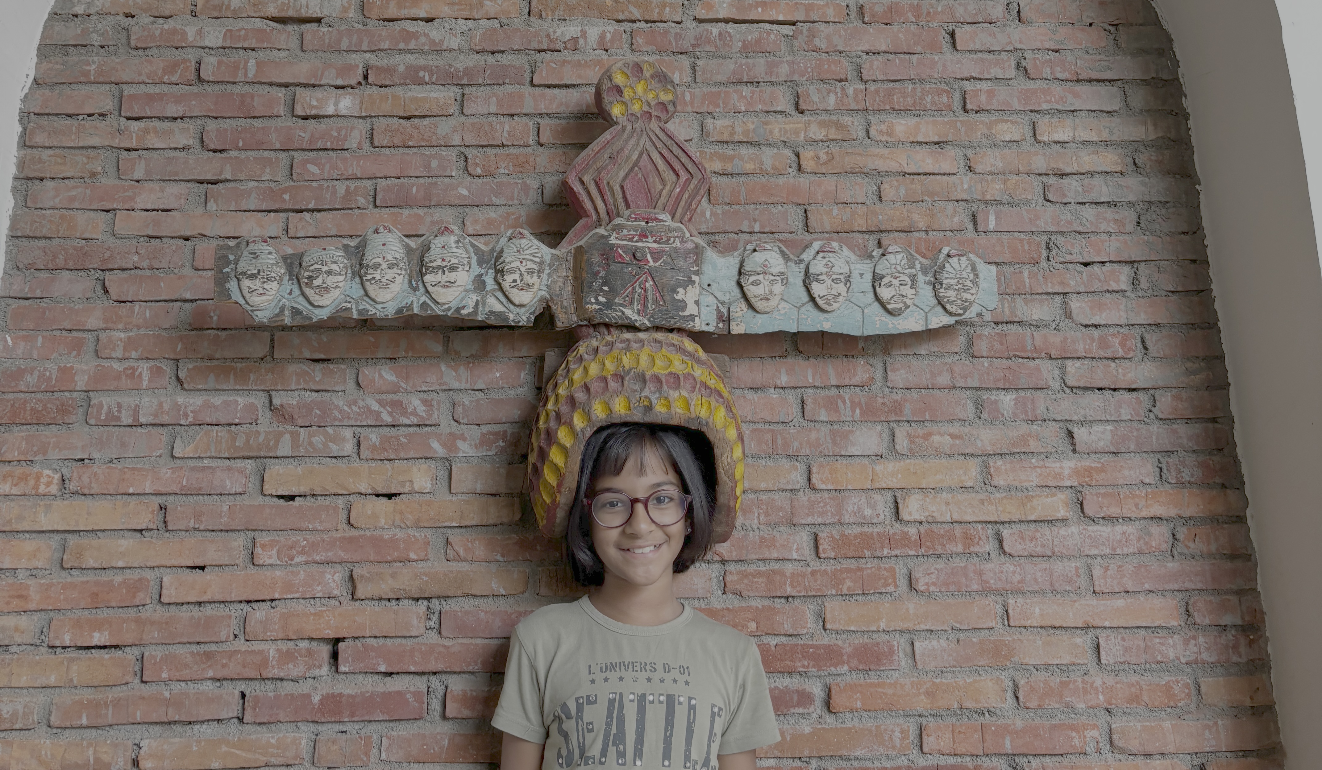 Kids trying Ravan headgear at Dabhalody