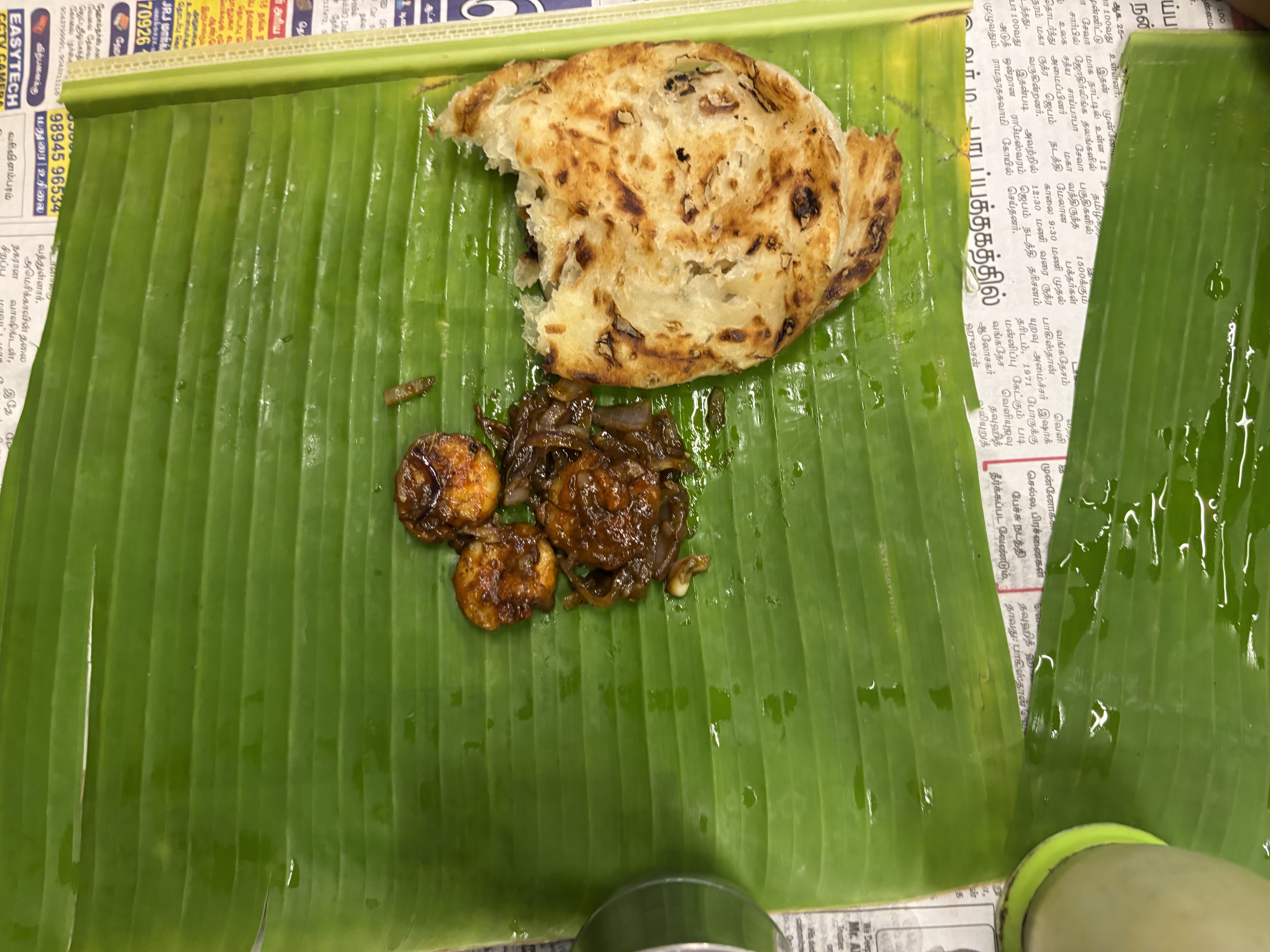 Spicy & sweet prawns with Kerela prataha