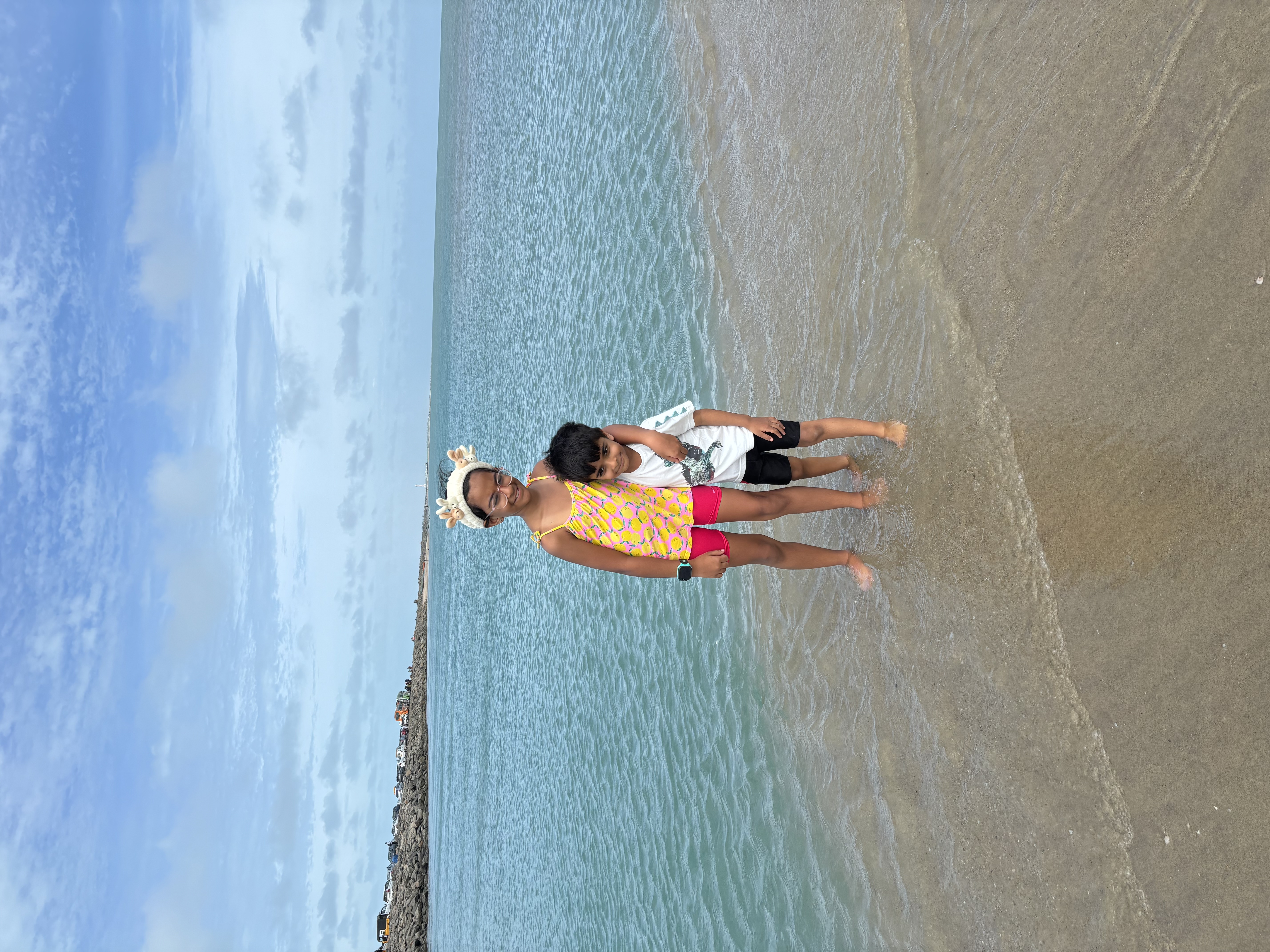 Beach at Dhanushkodi. Emerld green waters with steep slope into the sea