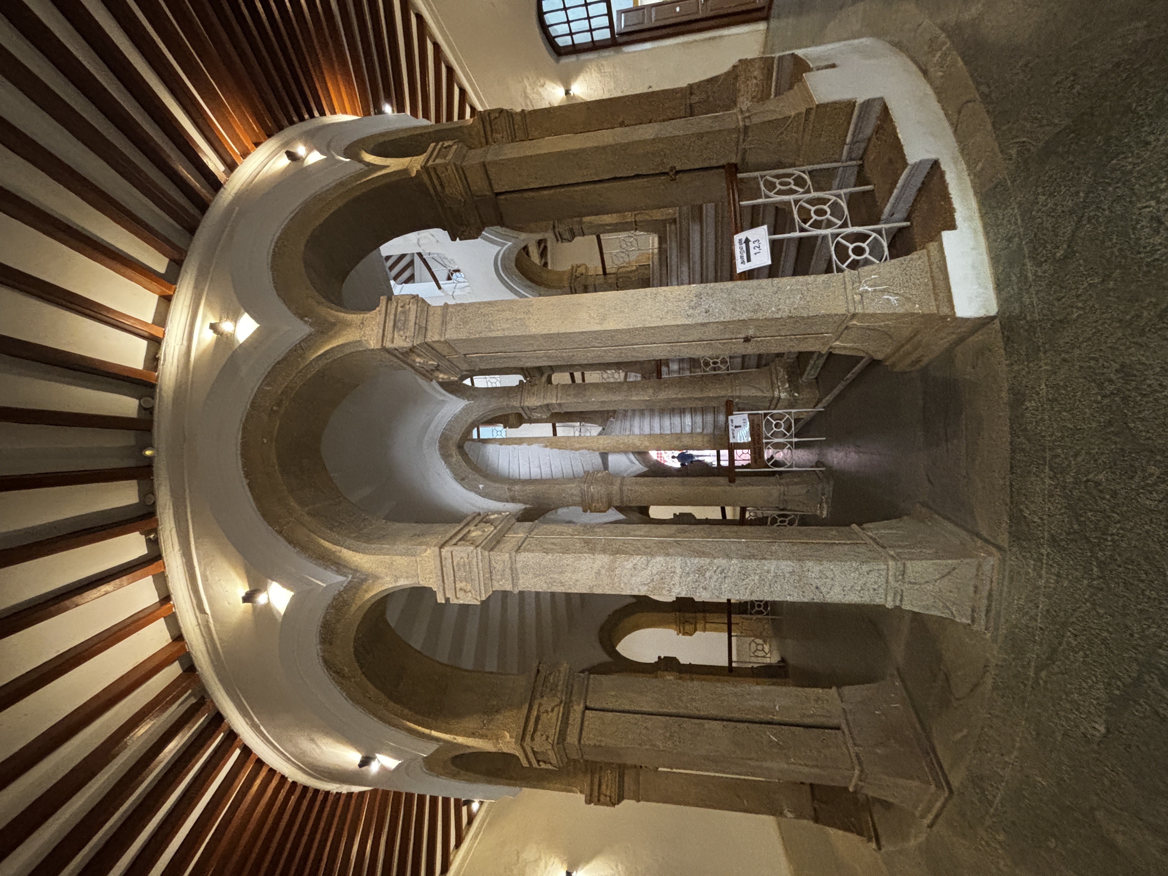The stairs centrally located in the museum to access the upper floors